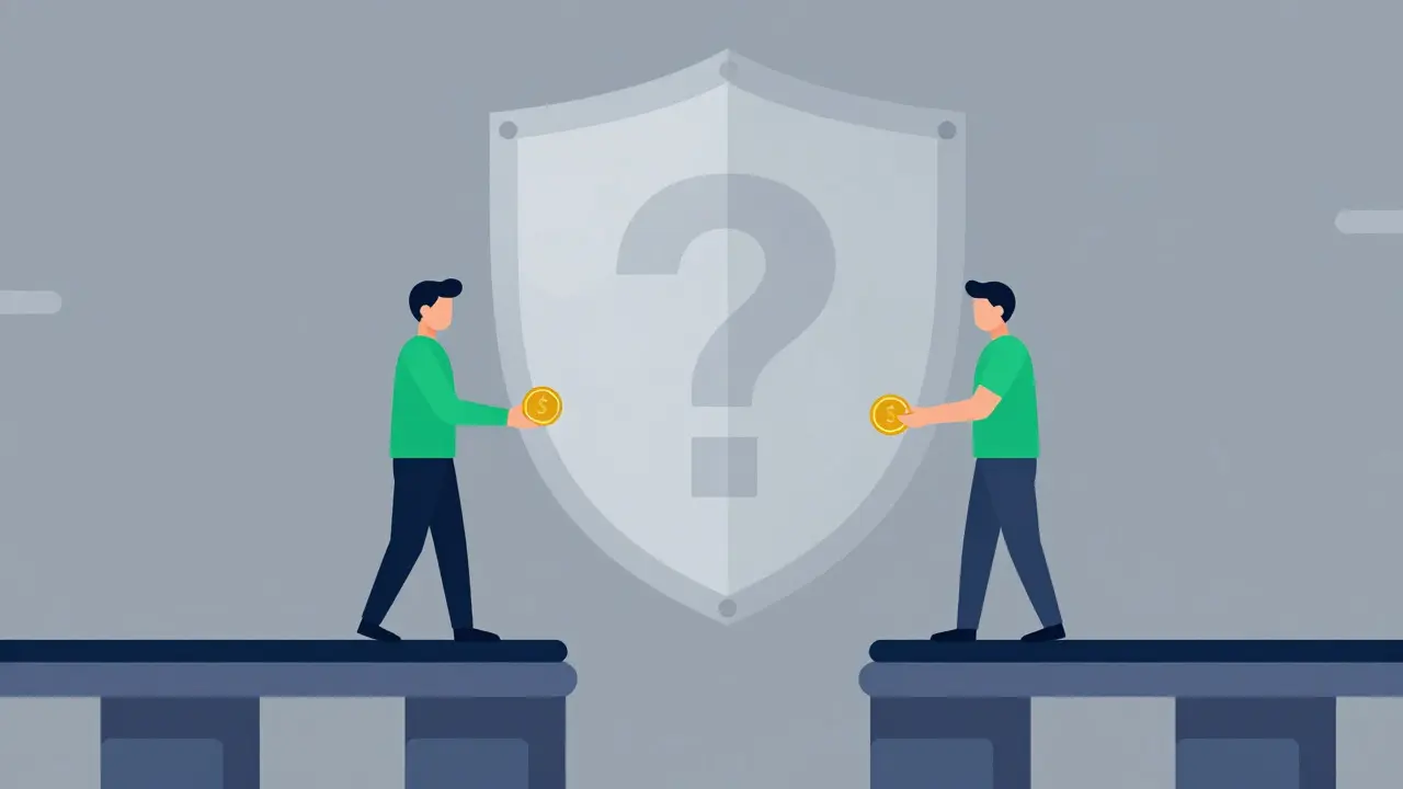 Stylized vector illustration of peer-to-peer crypto exchange under regulatory uncertainty.