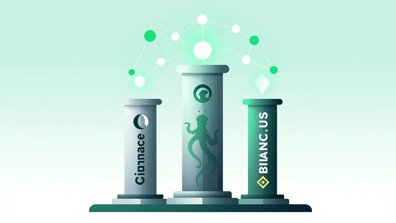 Three stable pillars representing major crypto exchanges under a protective network.