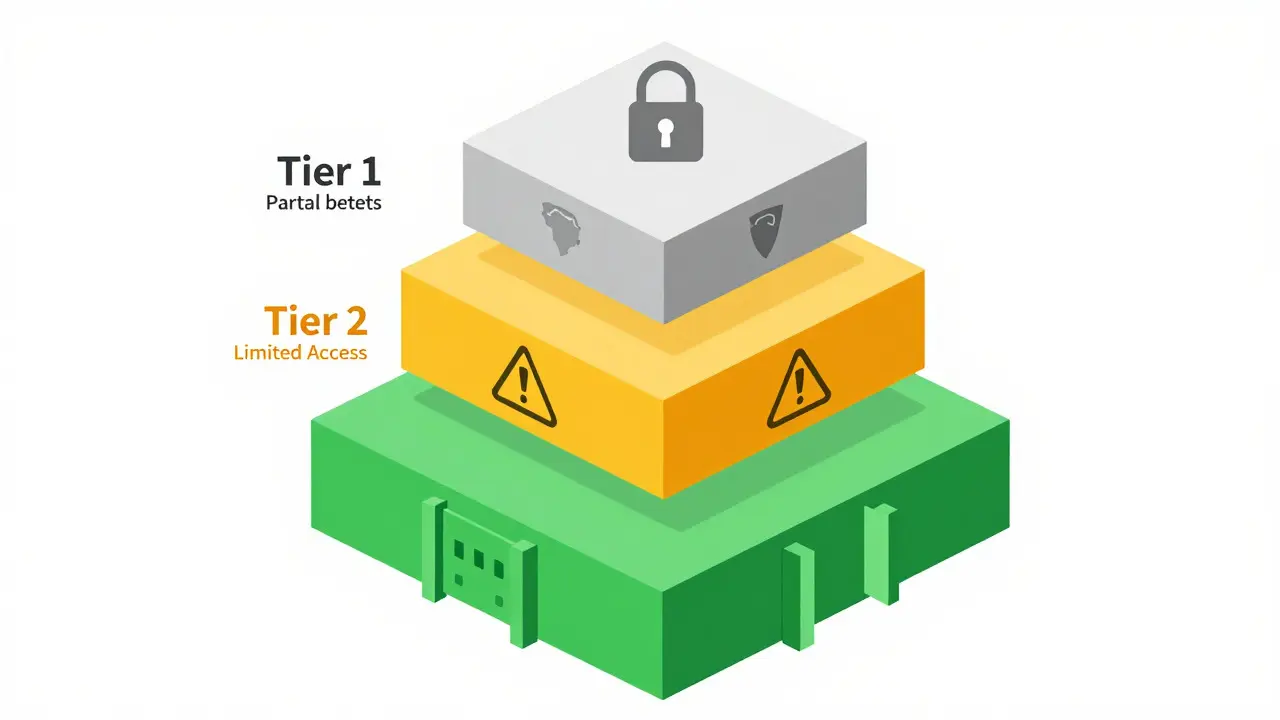 Three-tier vector diagram showing levels of crypto exchange access restrictions