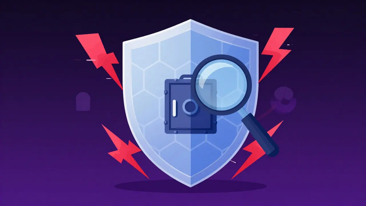 Transparent hexagonal shield protecting a vault from jagged red energy attacks