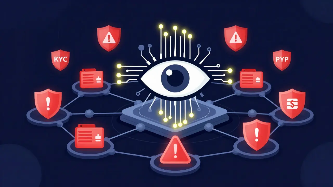 Vector art of a surveillance eye monitoring crypto transaction networks