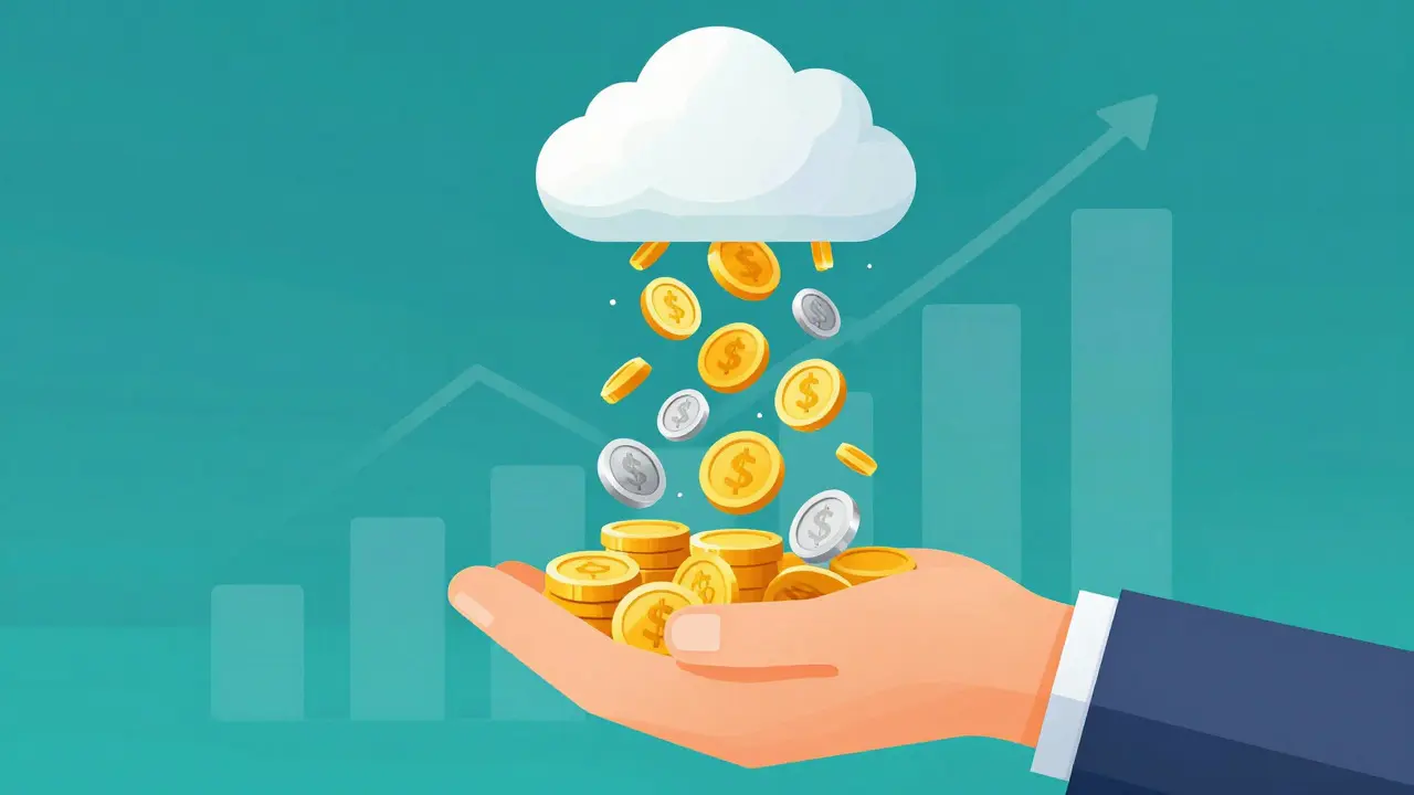 Vector art showing golden coins flowing from a cloud into a digital container, symbolizing airdrop rewards