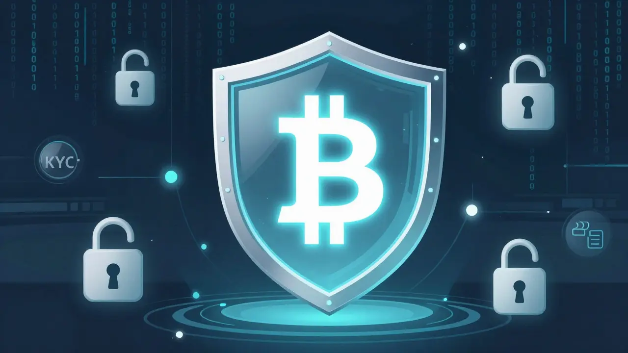 Vector graphic of Bitcoin secured by a digital shield