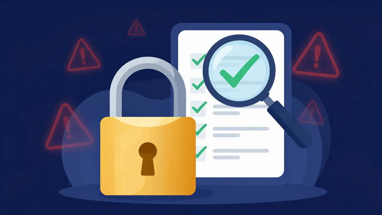 Vector graphic showing a digital lock and magnifying glass symbolizing secure crypto claims