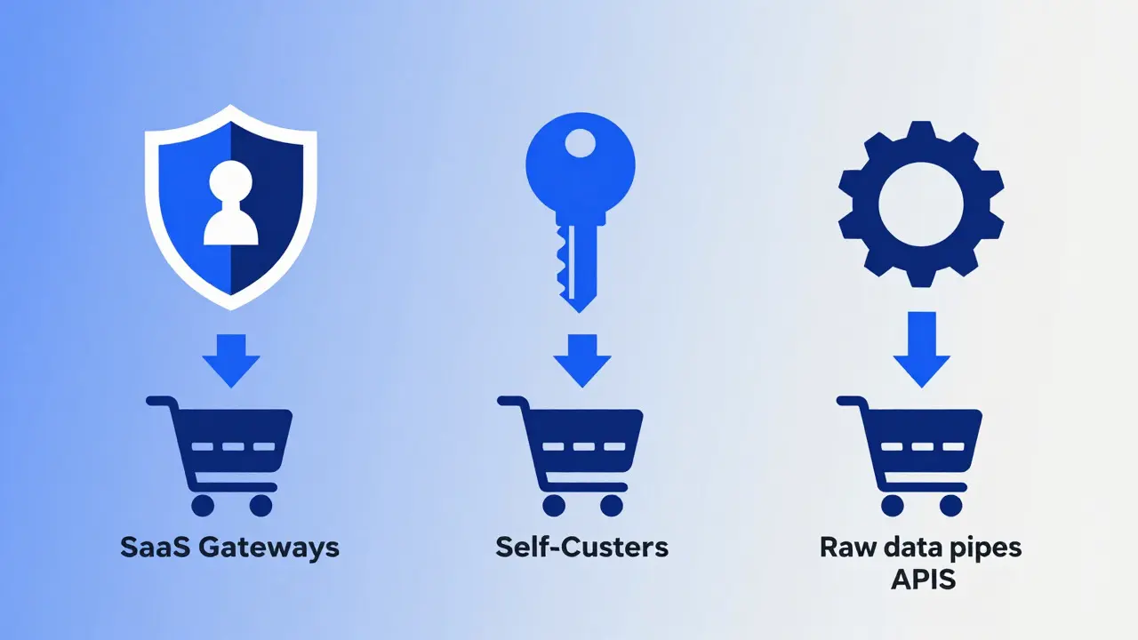 Vector illustration comparing custodial, non-custodial, and infrastructure payment models