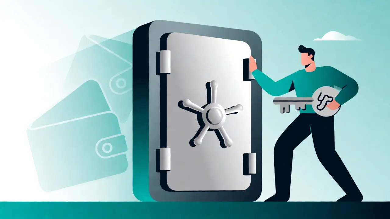 Vector illustration of a digital vault protecting assets from fading scam wallets.