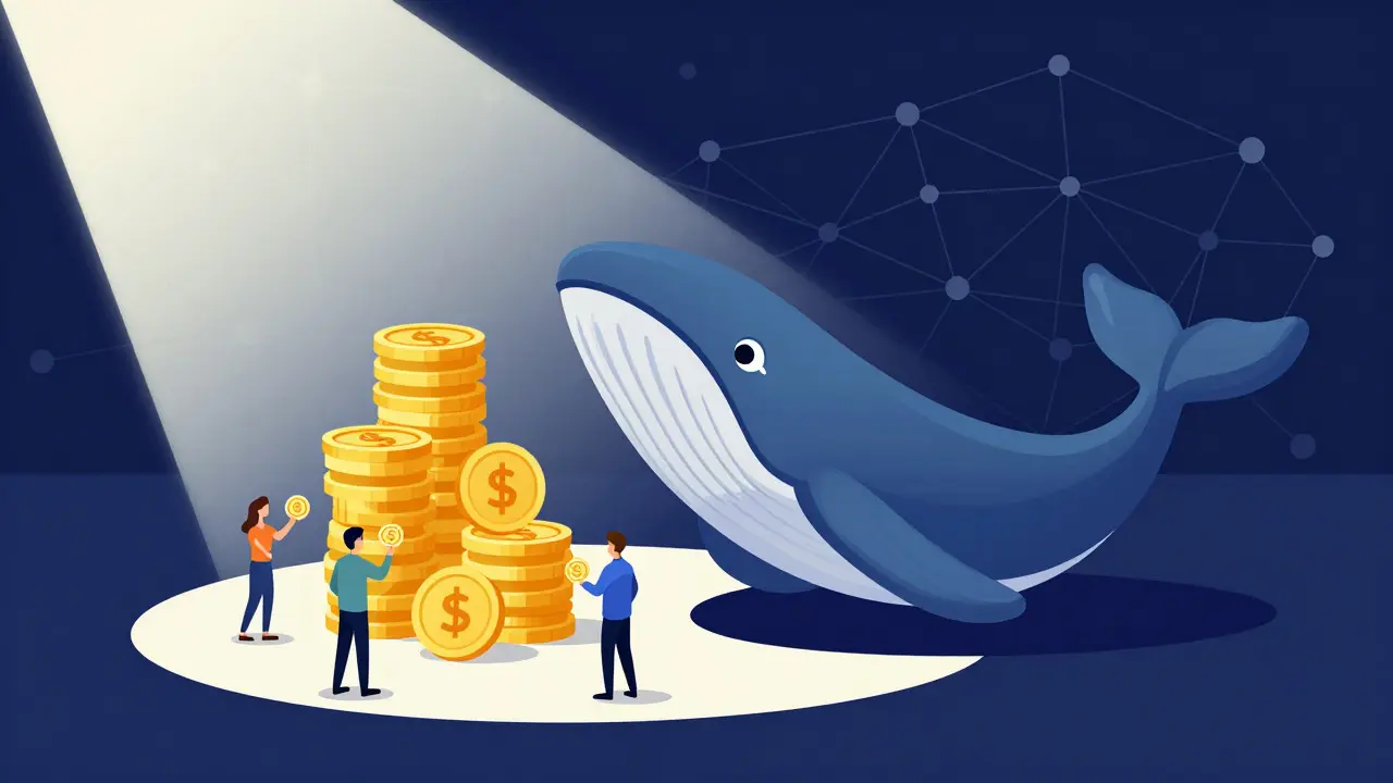Vector illustration of a large coin whale overshadowing small token holders in a network