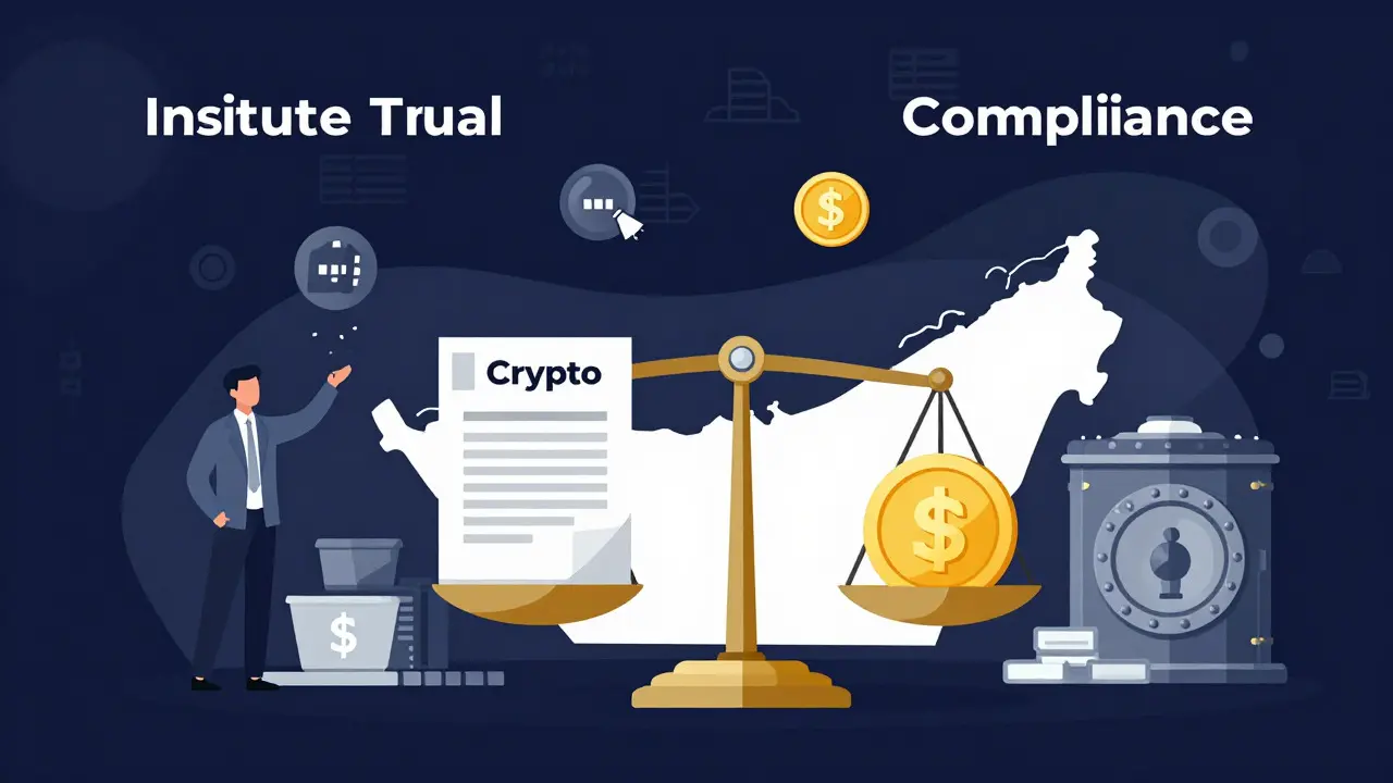 Vector illustration of justice scale balancing crypto and compliance docs