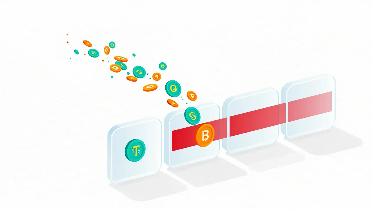 Vector illustration of tokens passing through regulatory filters with some blocked