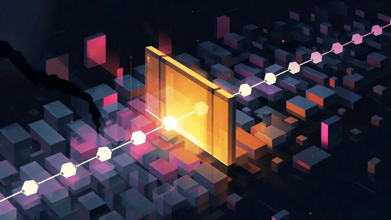 Abstract depiction of checkpointing securing blockchain history from long-range attacks.