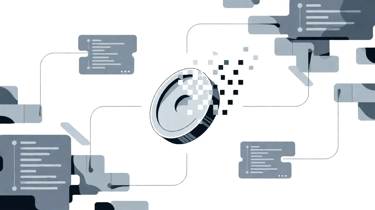 Abstract vector illustration of a token disintegrating into pixels to represent zero supply.