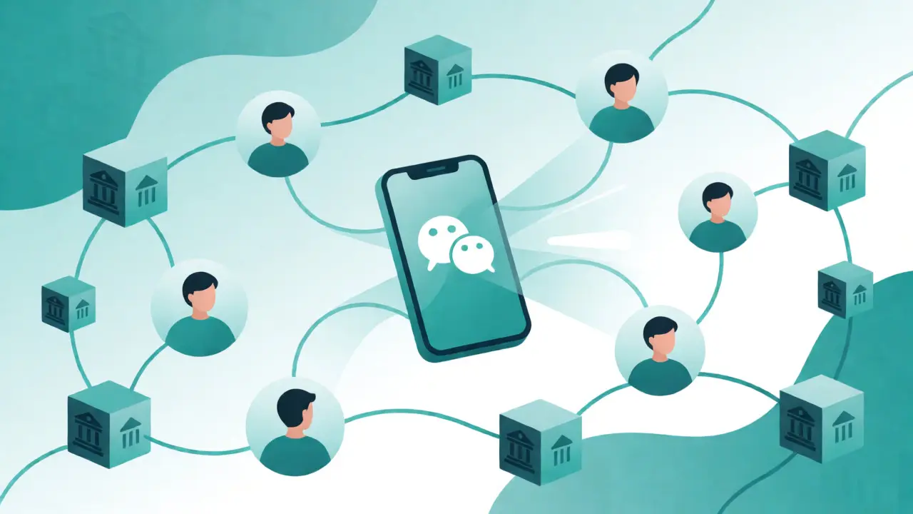 Abstract vector illustration of peer-to-peer crypto trading networks.