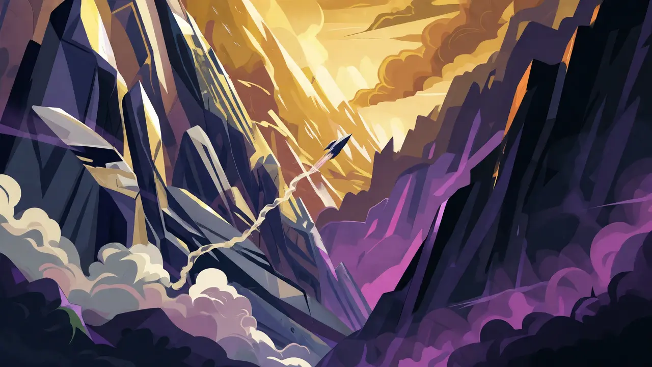 Abstract vector landscape showing a rocket navigating between a golden peak and a dark valley.