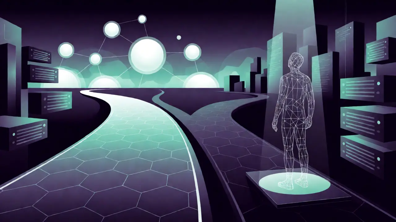 Abstract vector scene contrasting open DeFi roads with developer scrutiny