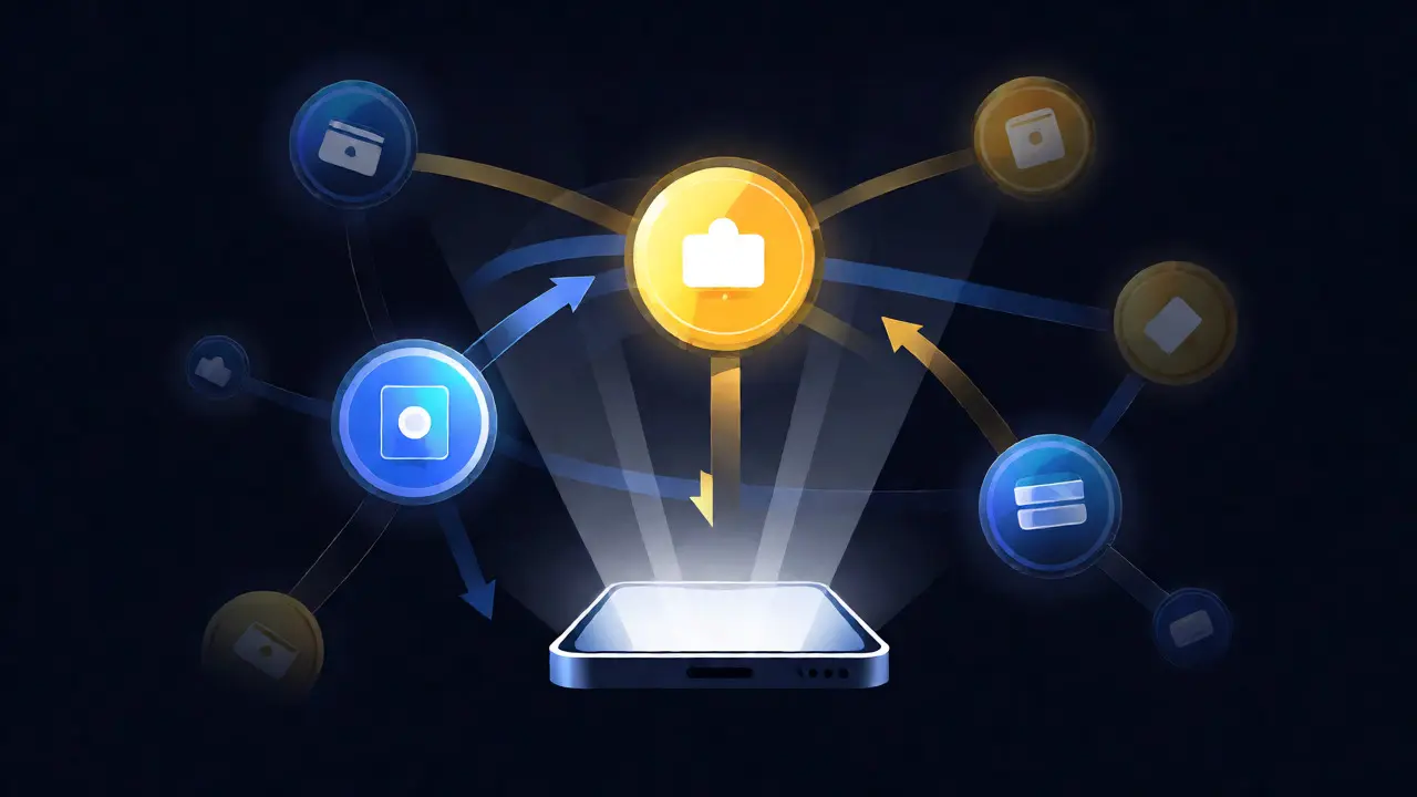 Abstract vector visualization of decentralized trading and token connections