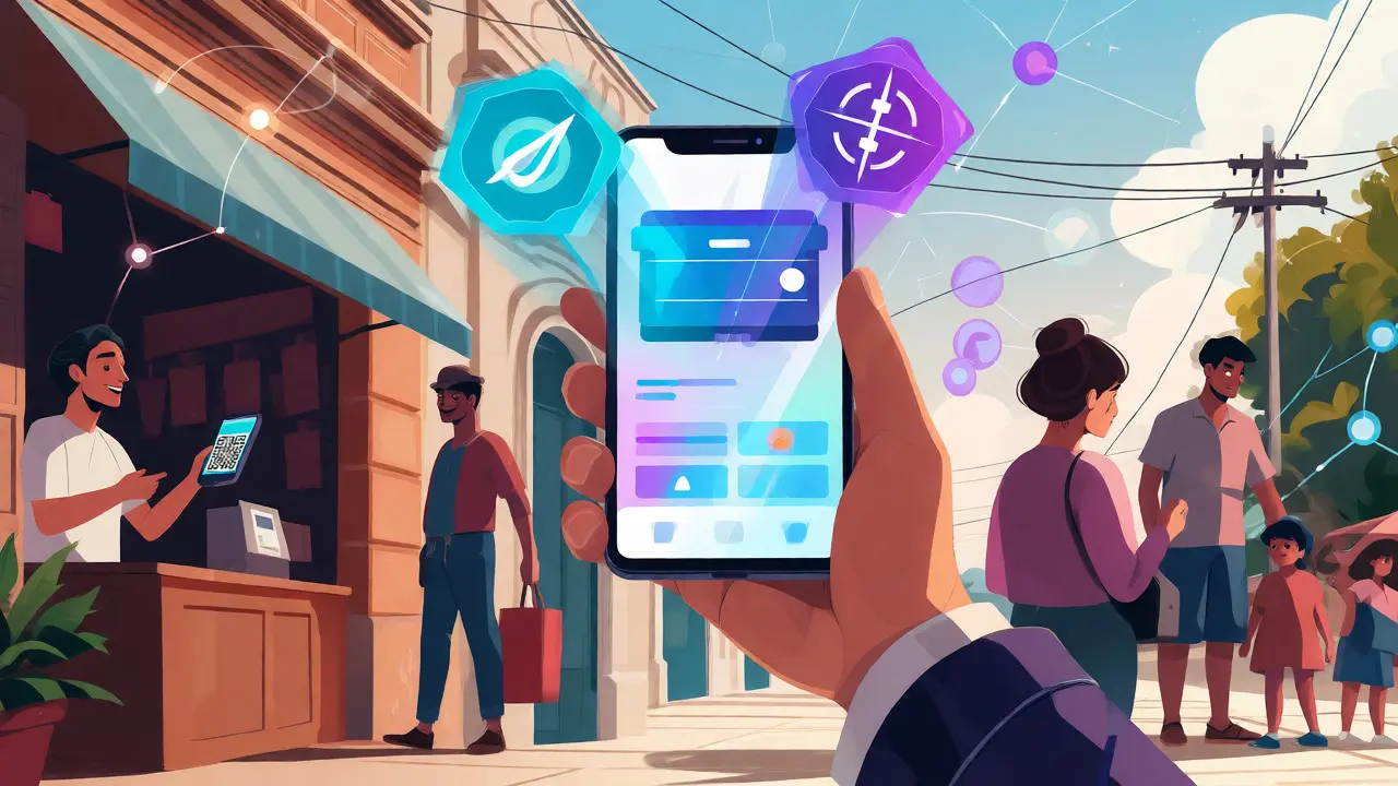 Citizens using smartphones for crypto payments in a modern Argentine street setting.