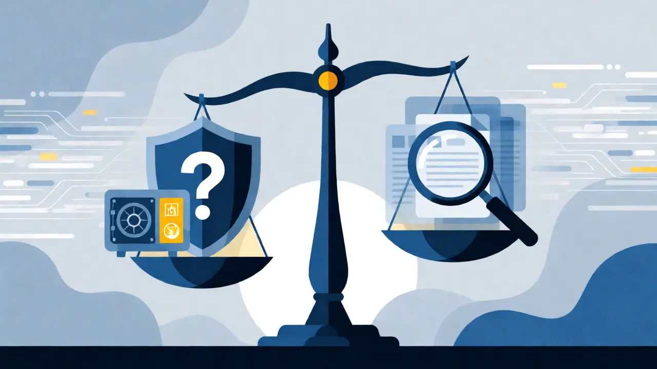 Conceptual scale weighing security shields against regulatory question marks