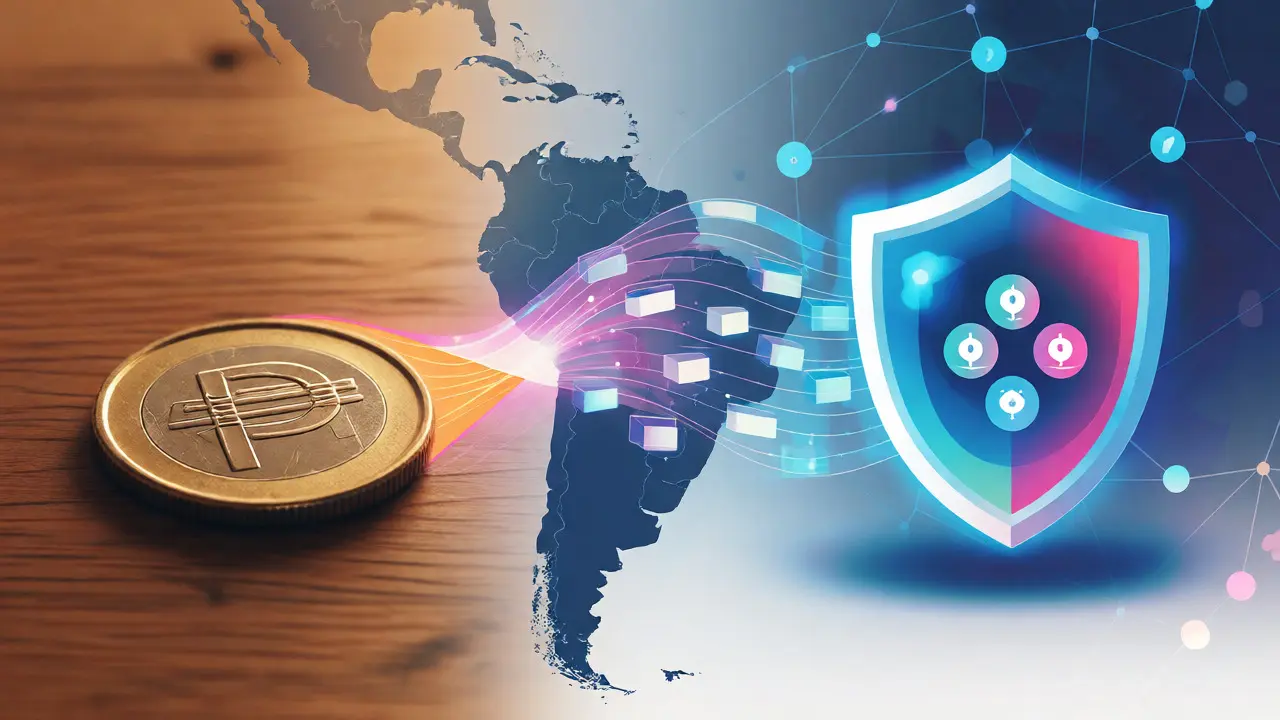 Conceptual split view of physical pesos and digital stablecoins connected by data streams.