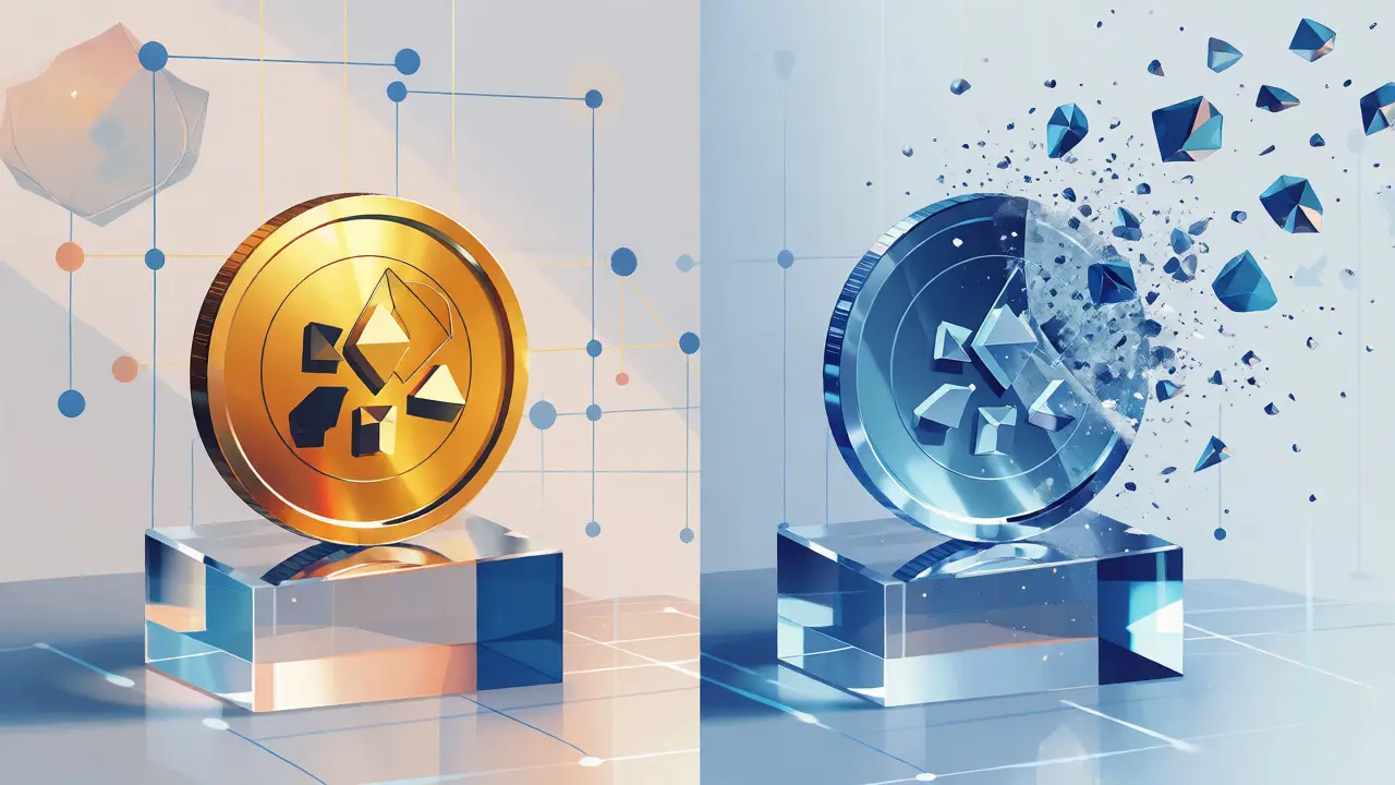 Conceptual vector art contrasting a solid gold coin with a shattering glass token.