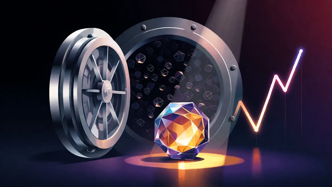 Conceptual vector art of a glowing CONV token in front of a vault and a rising trend line.