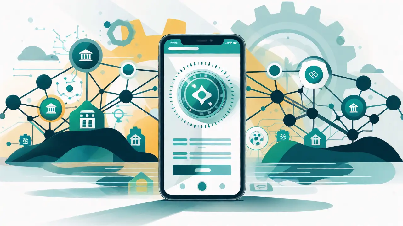 Conceptual vector art of a smartphone displaying a CBDC interface bridging traditional banks and blockchain.