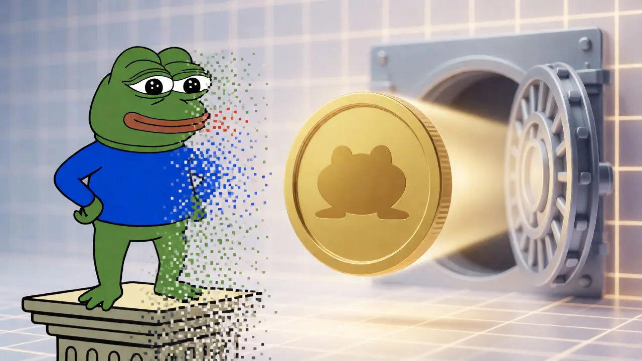 Conceptual vector art showing Pepe meme evolving into a gold coin