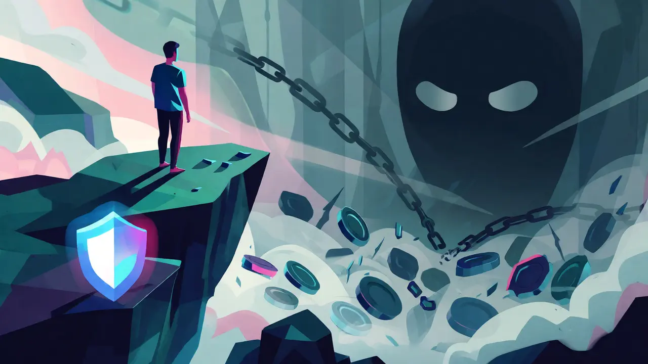 Digital avatar standing near a cliff edge facing a chaotic valley of broken digital assets.