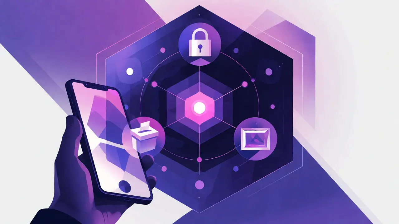 Geometric vector illustration showing staking, governance, and NFT utilities within a Polygon network hexagon.
