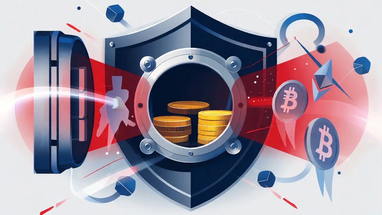 Illustration of a bank vault protecting rupees from incoming cryptocurrency symbols with warning barriers.