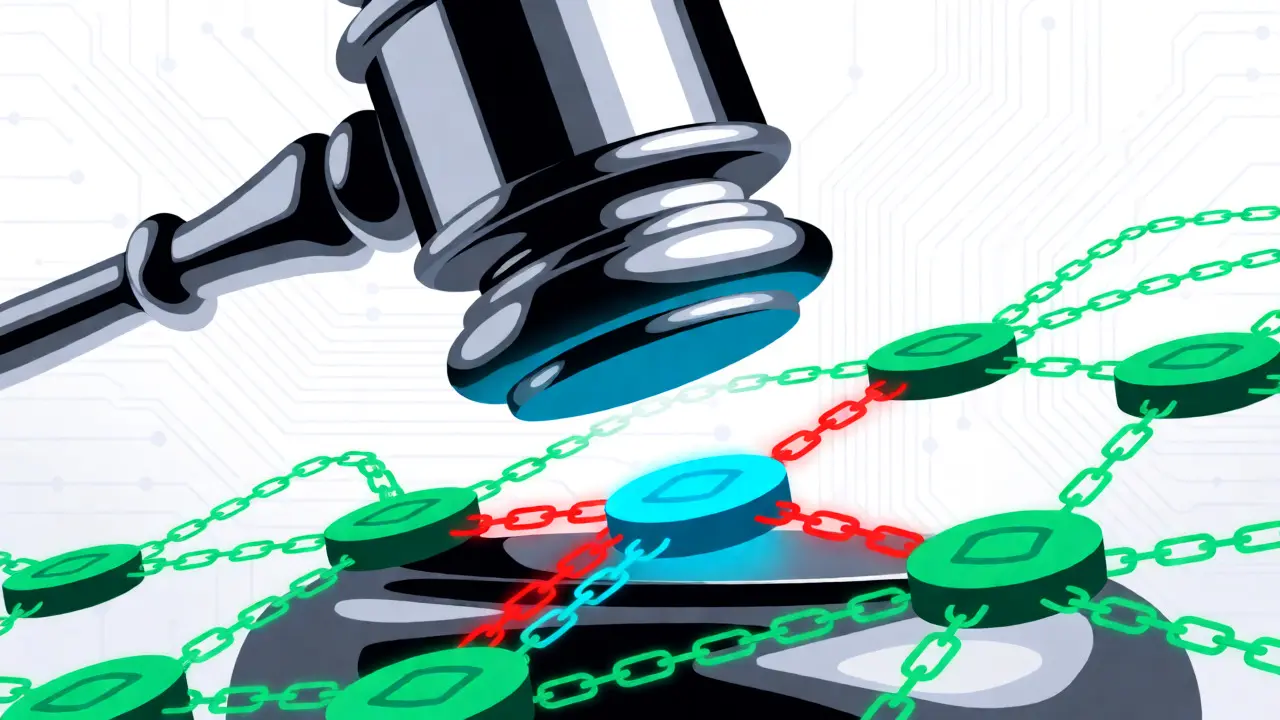 Illustration of a gavel failing to chain a glowing blockchain node