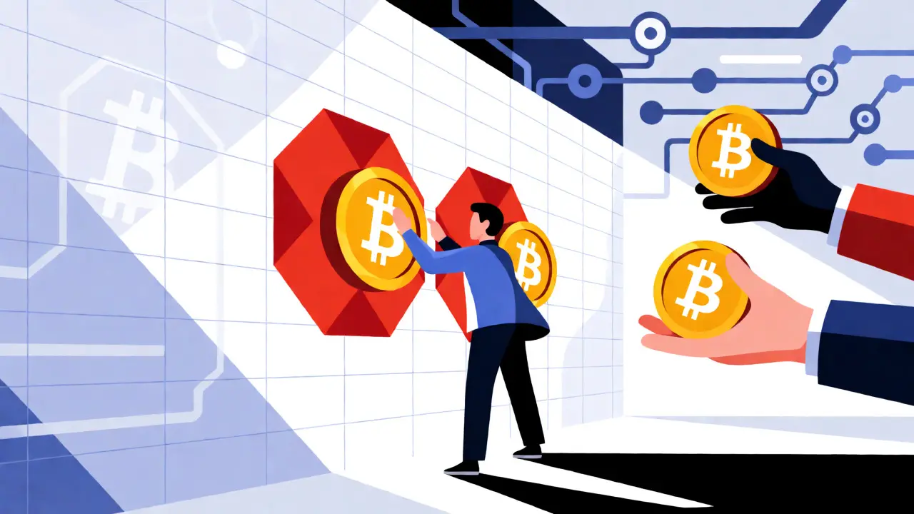 Illustration of digital firewalls blocking crypto transactions and authorities seizing digital assets.