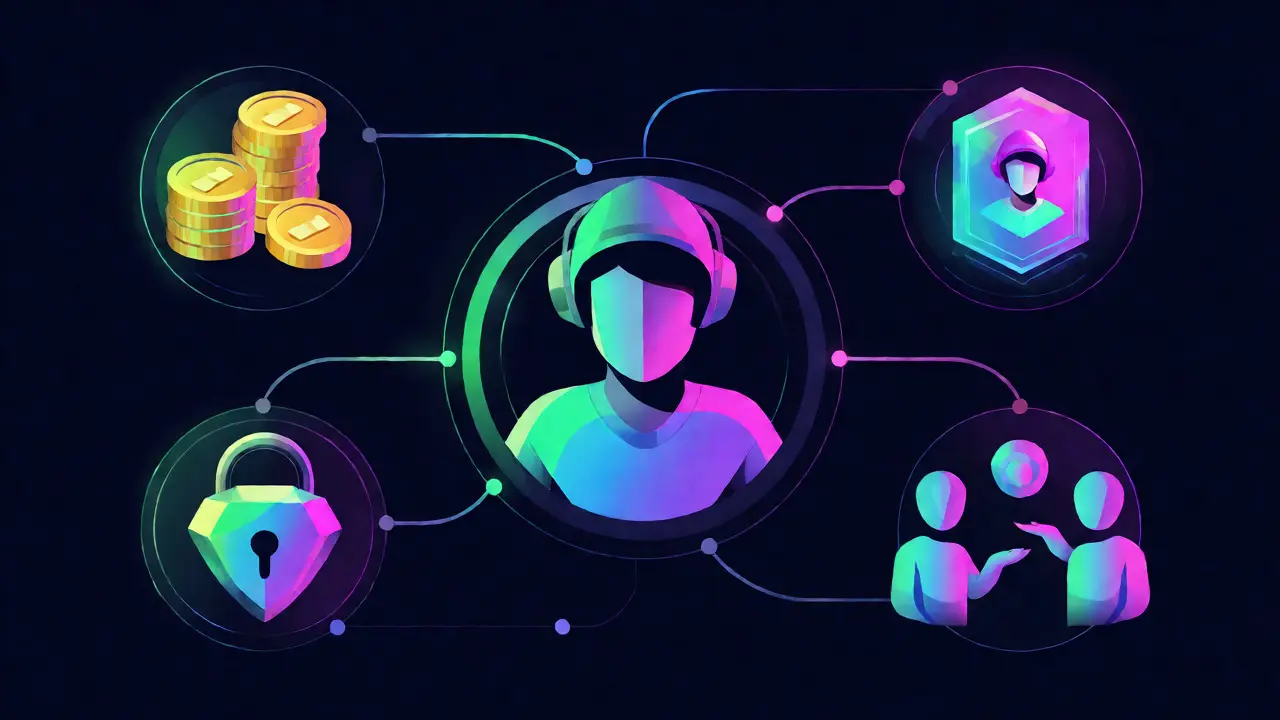 Illustration of P2E earning methods including tokens, NFTs, staking, and guilds