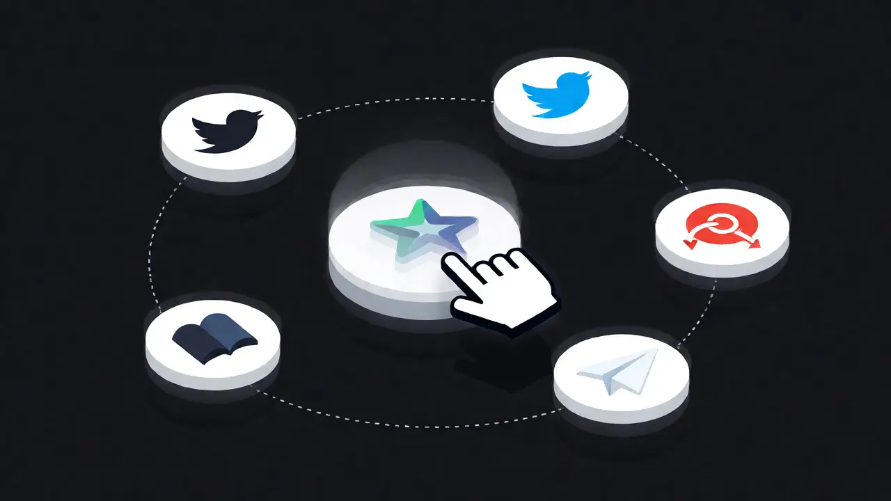 Isometric vector illustration of a user clicking a star icon surrounded by social media task icons.