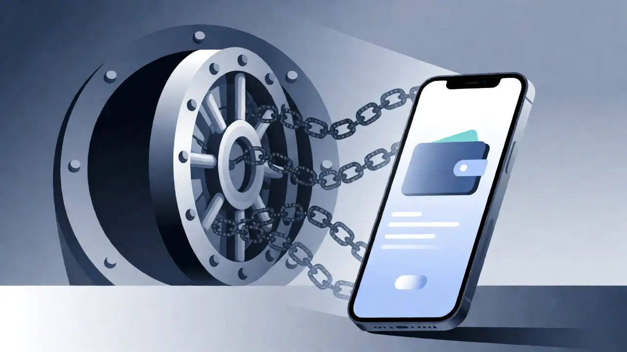Smartphone linked to a bank vault via binary chains in vector style
