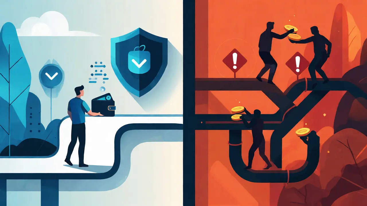 Split illustration showing secure vs risky crypto connections
