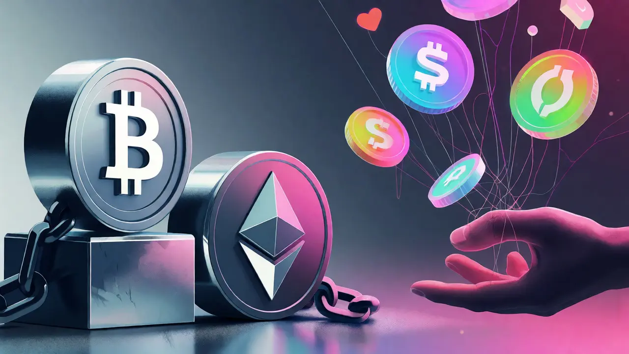Stable crypto blocks vs floating fragile memecoins in vector style