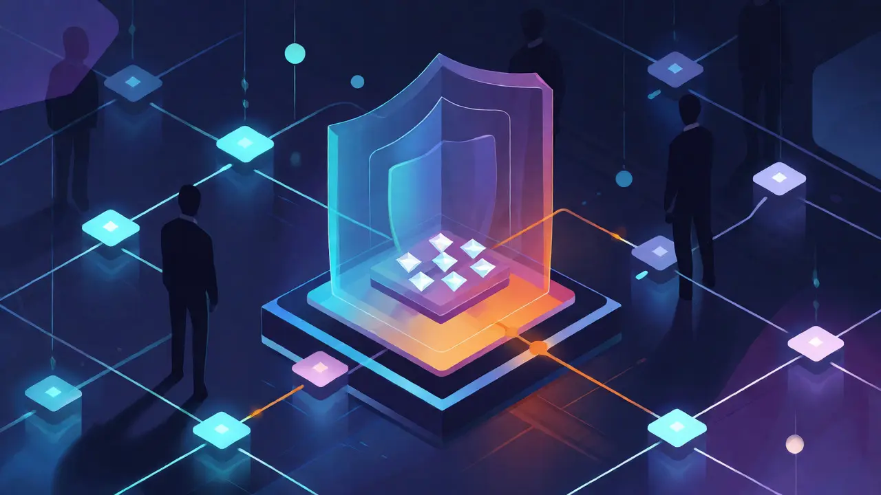 Stylized blockchain network with a protective shield guarding tokens against anonymous shadows.