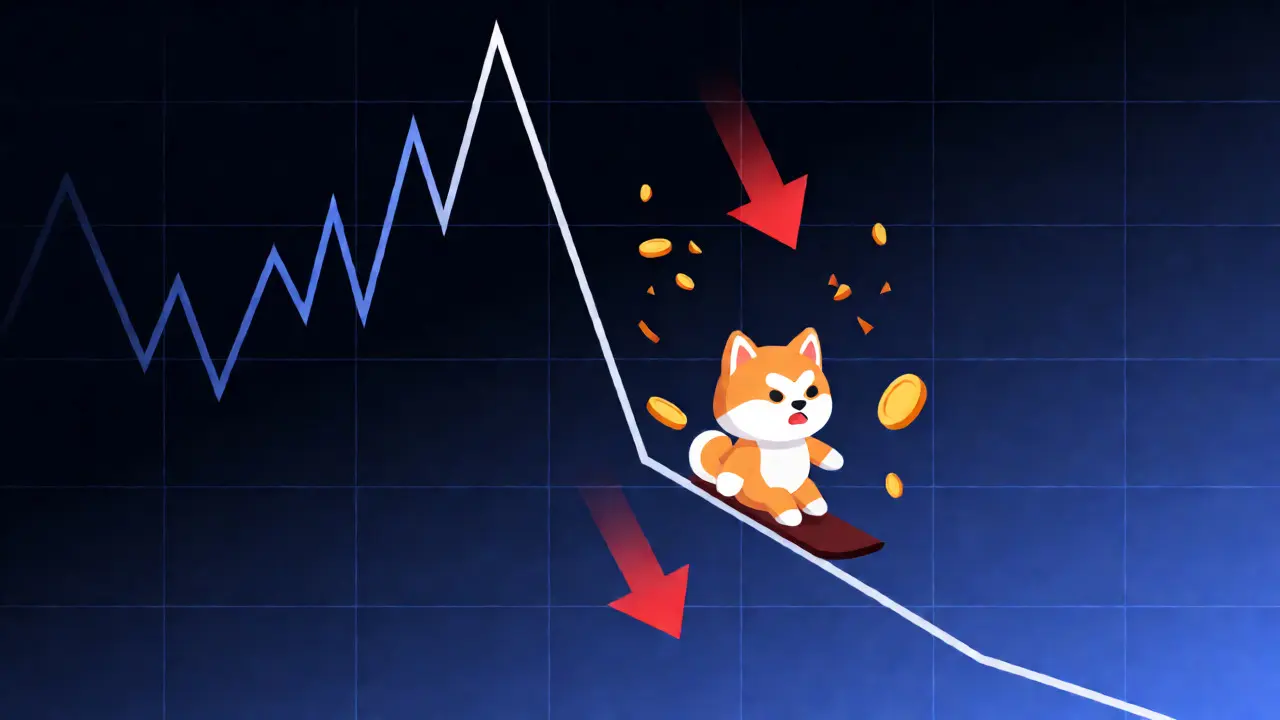 Stylized chart showing price drop with an Akita riding the fall