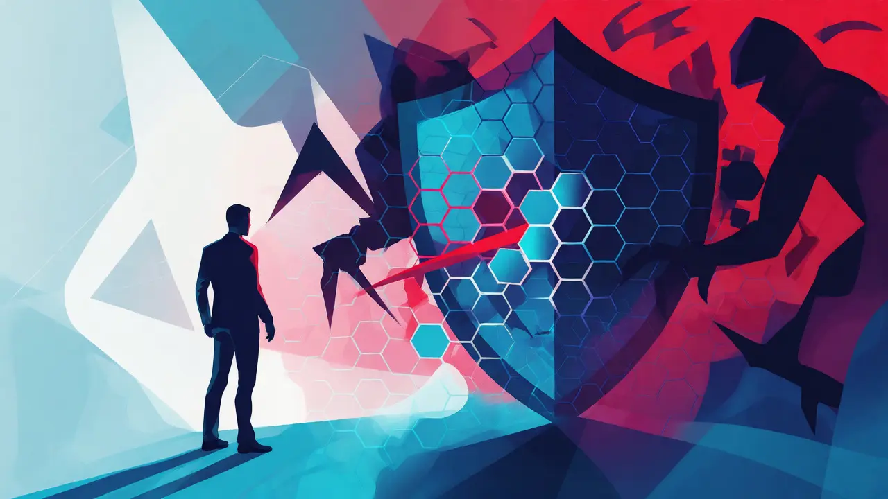 Stylized digital shield protecting a voter from shadowy cyber threats