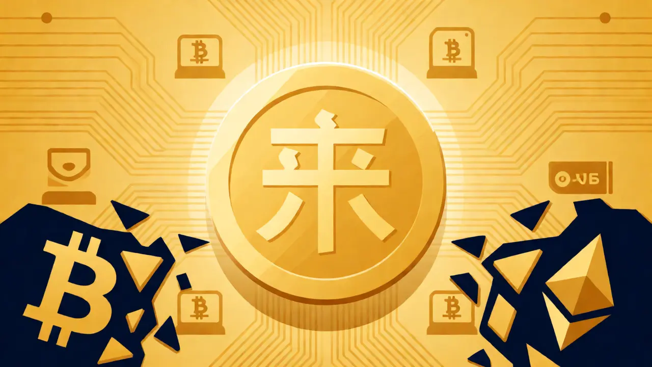 Stylized Digital Yuan coin replacing fragmented Bitcoin and Ethereum logos in a modern vector design.