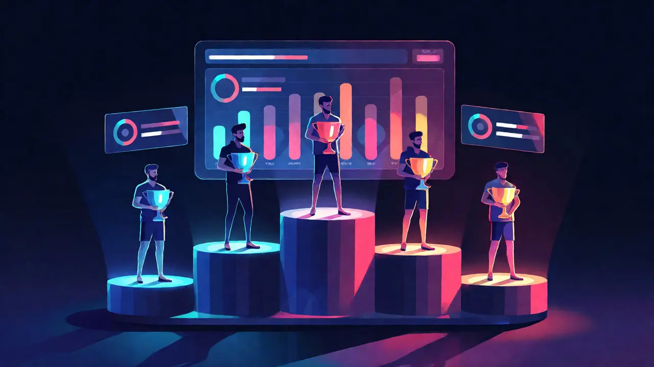 Stylized esports leaderboard with avatars and reward metrics