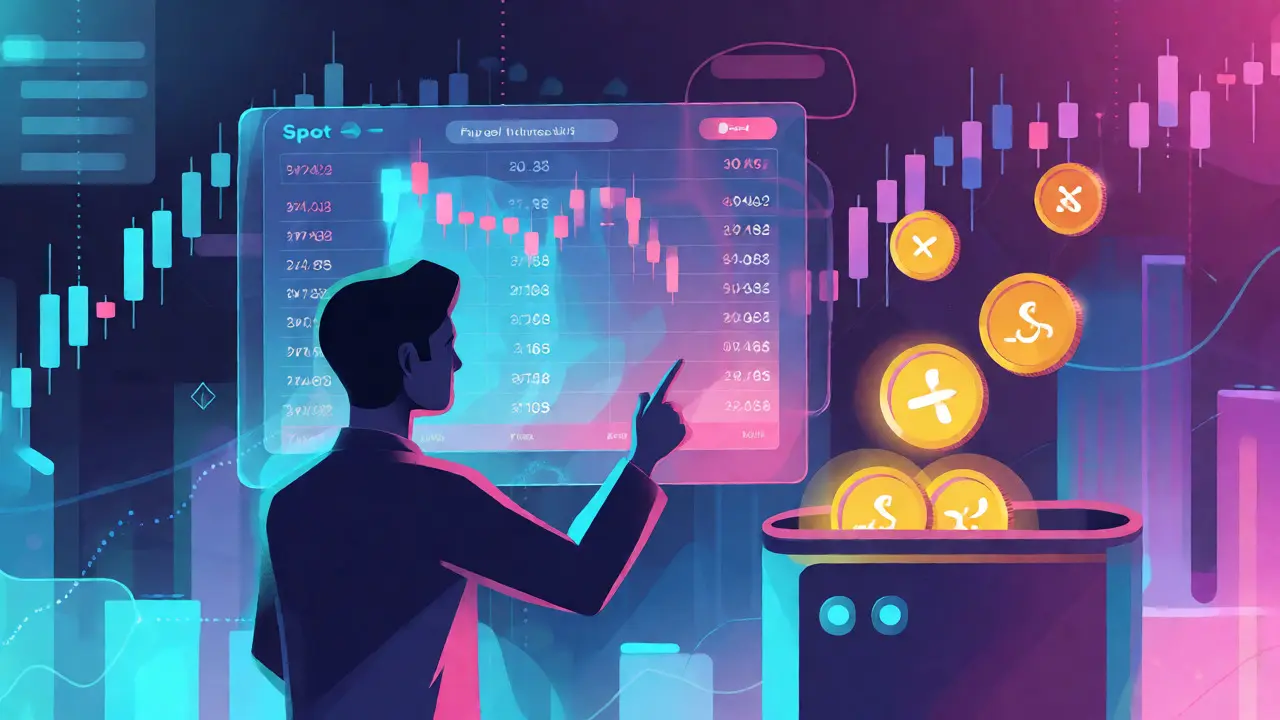 Stylized trader interacting with holographic trading interfaces earning digital token rewards.