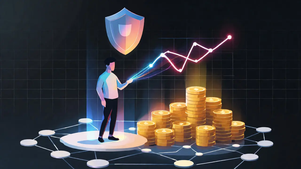 Stylized user managing DeFi strategies and earning SAKE tokens
