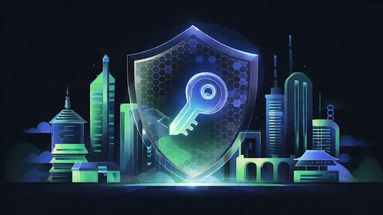 Stylized vector shield protecting a key, symbolizing non-custodial DeFi security