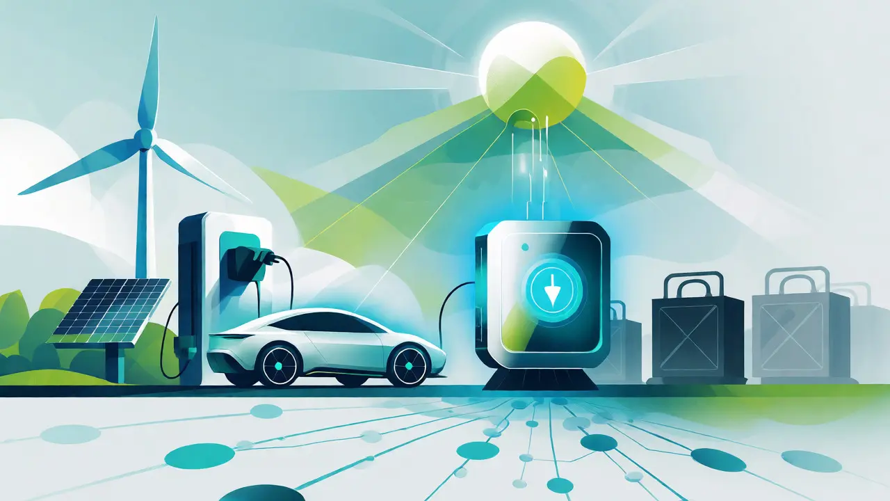 Sustainable tech scene with EV charging and efficient proof-of-stake node.