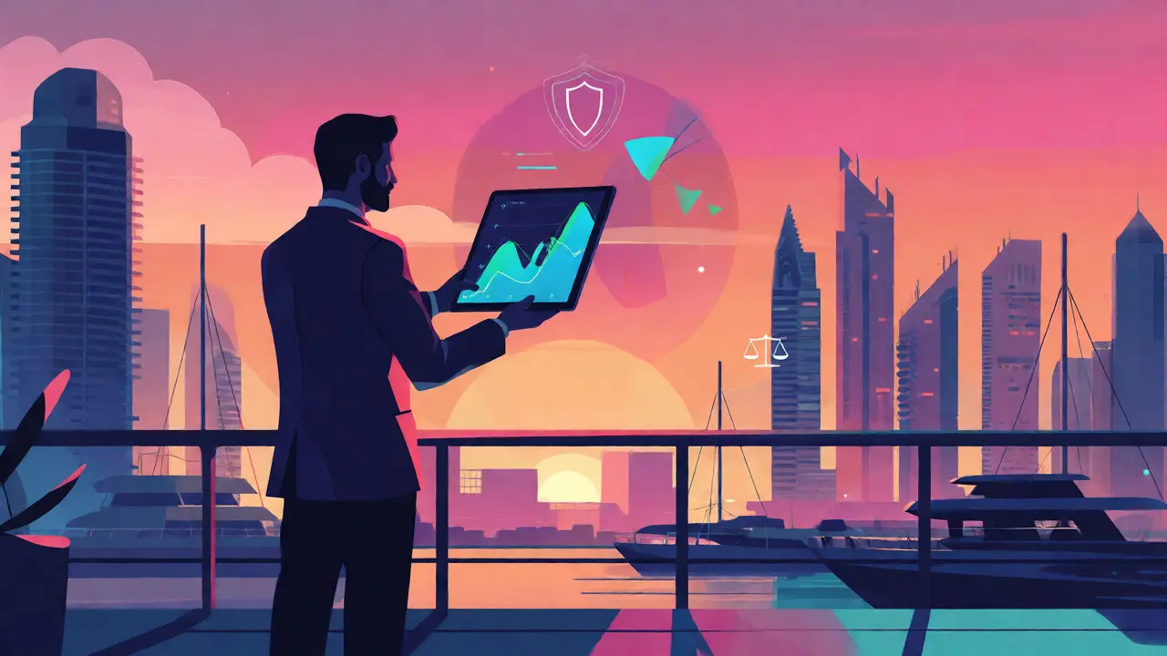 Trader on balcony viewing stylized Dubai marina with charts
