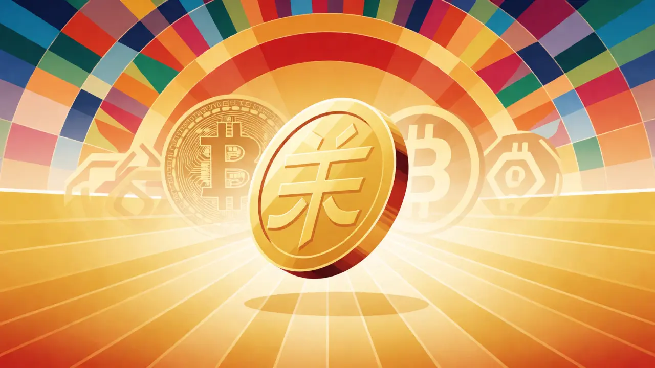 Vector art depicting the state-controlled e-CNY replacing decentralized crypto.