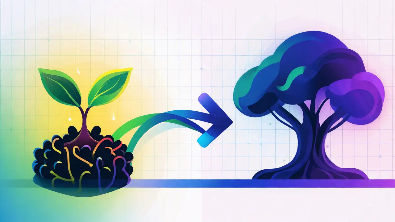 Vector graphic showing asset growth from Basilisk seedling to HydraDX tree