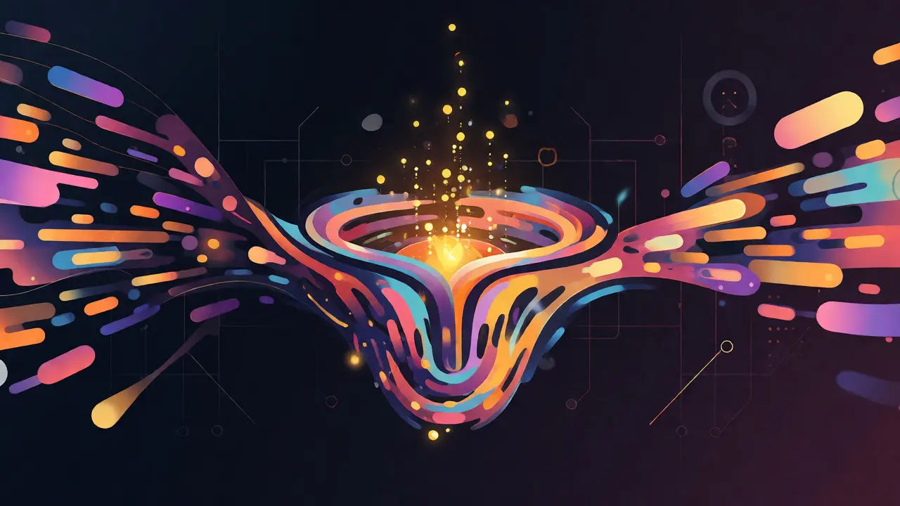 Vector illustration of merging liquidity pools and rising golden yield particles
