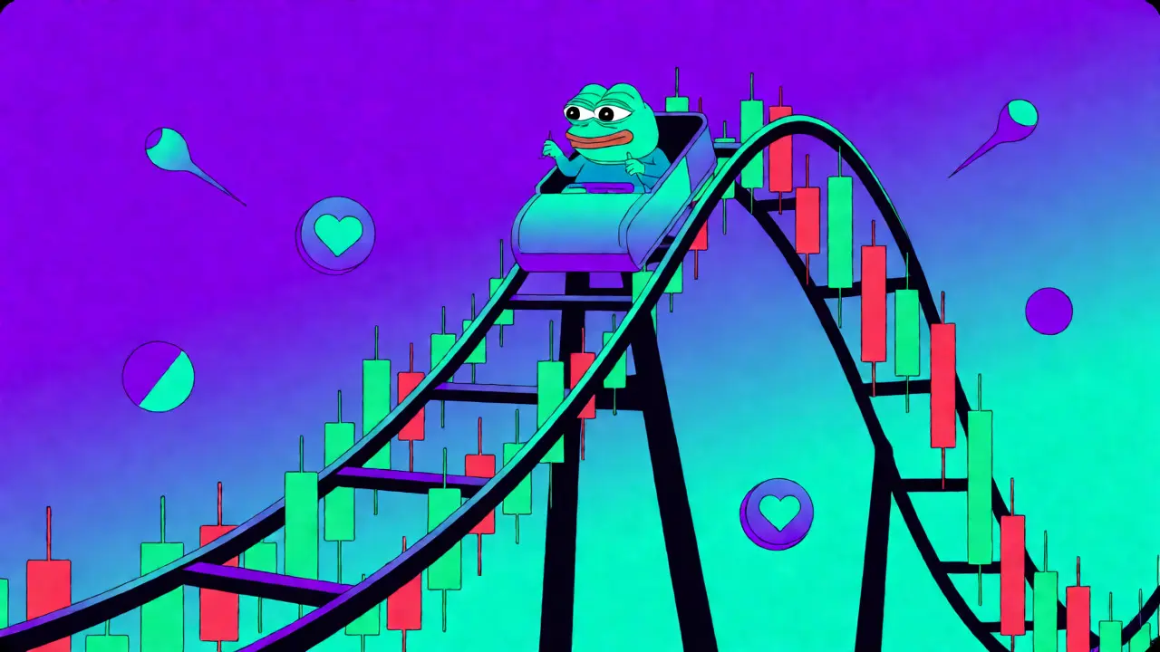 Vector illustration of Pepe riding a volatile crypto price chart rollercoaster
